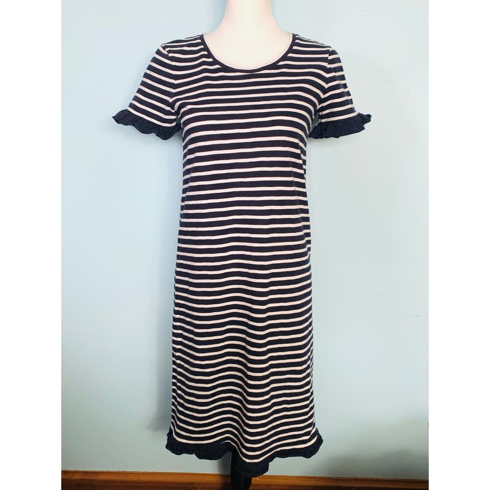 Boden Emily Navy Blue Striped Shift Dress with Ruffle Edge Size 6L - Picture 2 of 8